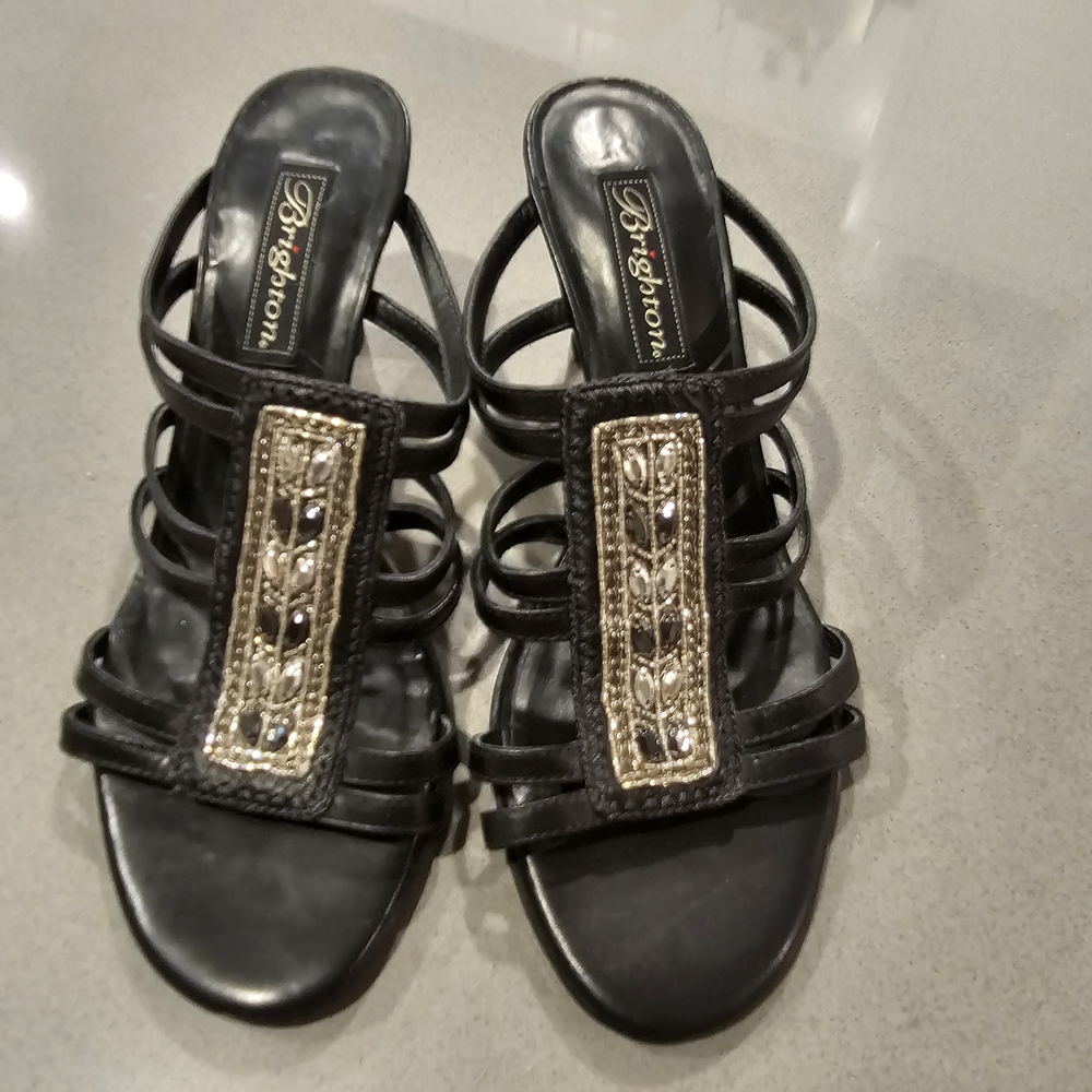 Brighton Rome Strappy Black Sandals With Gold And Crystal Accents Size 8